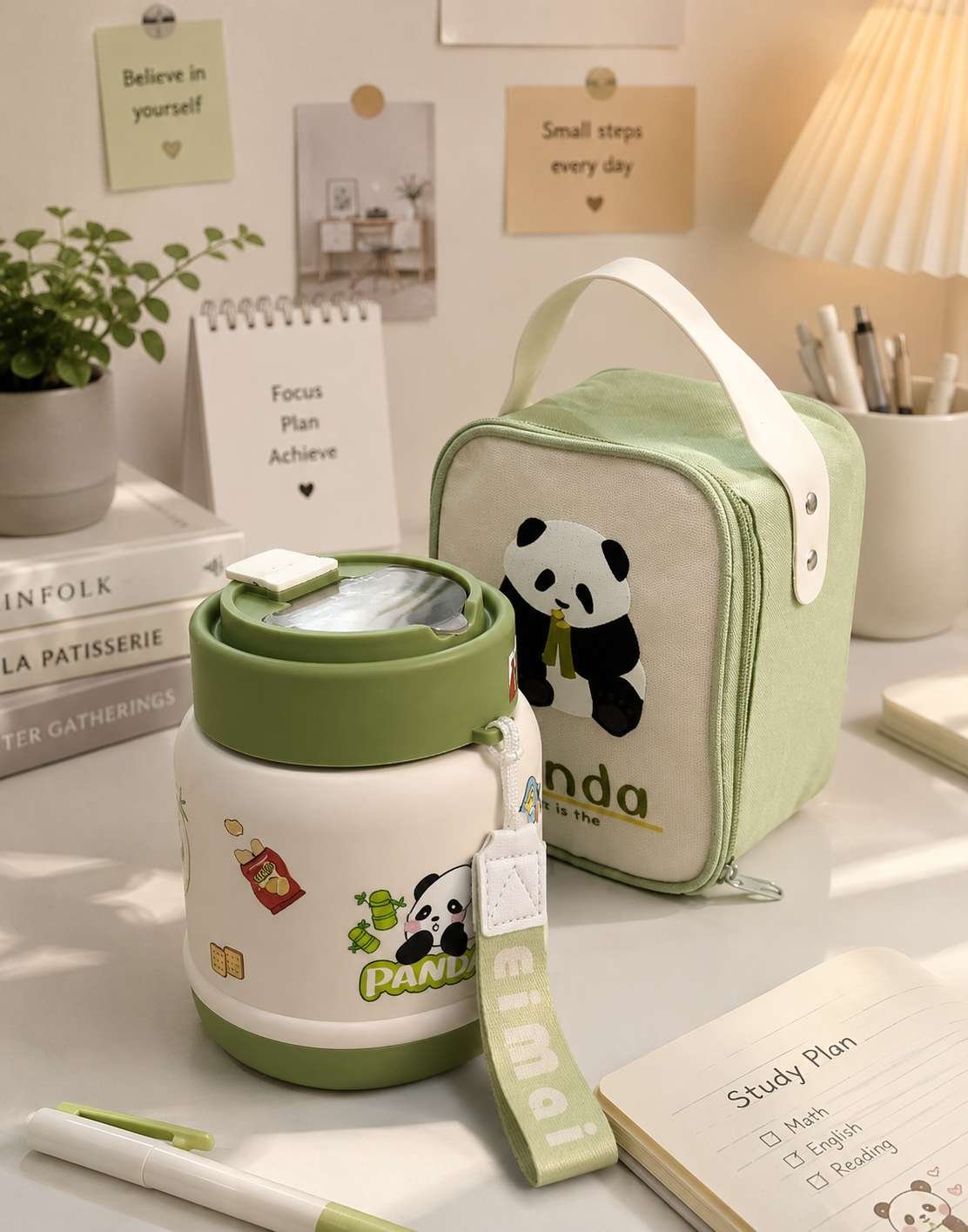 Panda Insulated Lunch Bag with Stainless Steel Food Jar & Spoon | Leak-Resistant Lunch Set for Kids & Office